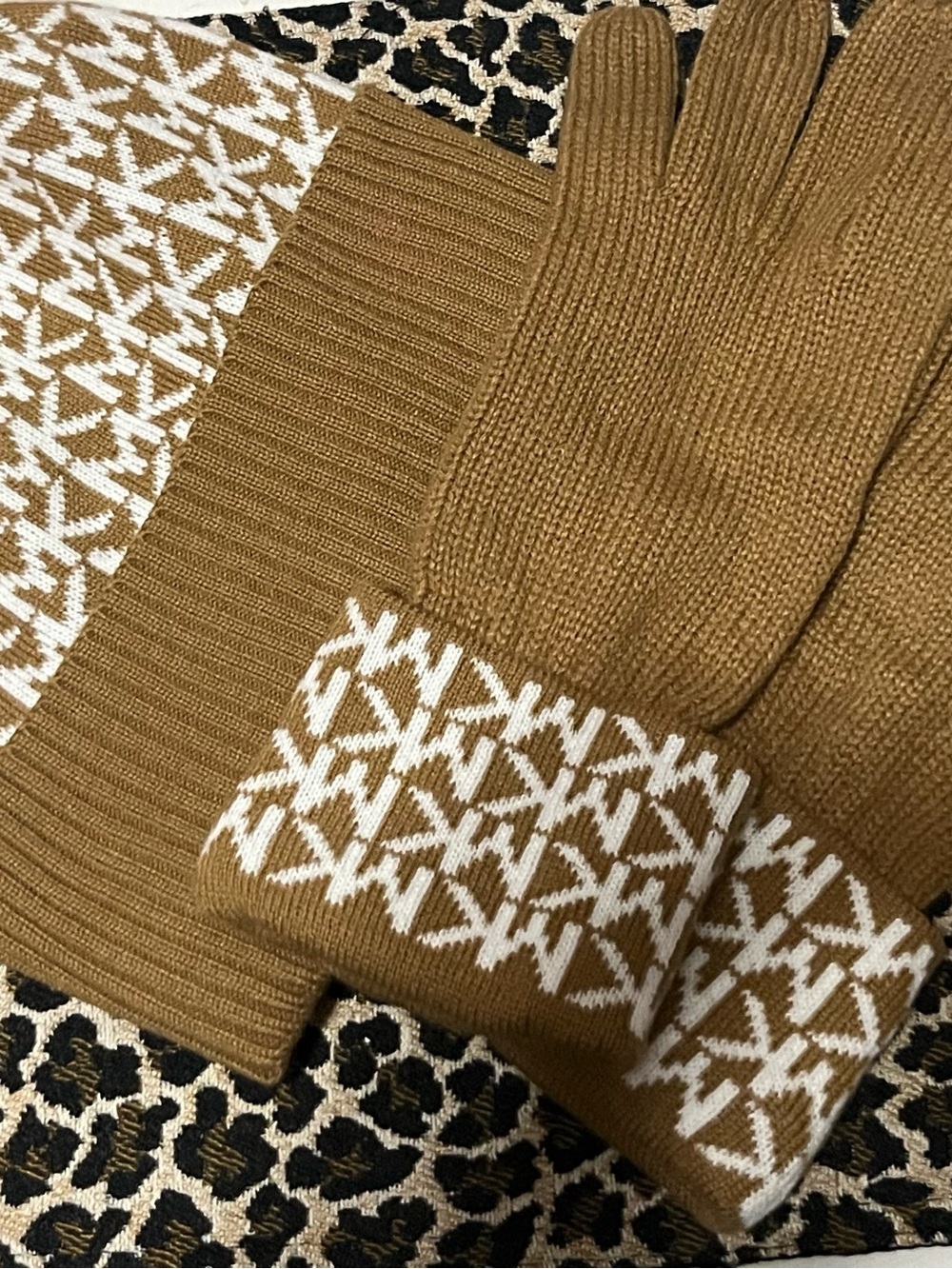Michael Kors Women's Knit Hat and Gloves Set MK Logo Pattern X